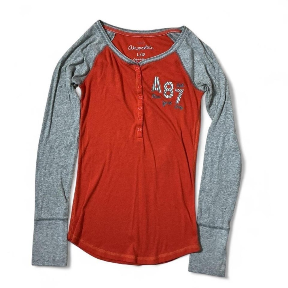 Y2K Aeropostale Womens Orange Gray Raglan Long Sleeve‎ Henley Shirt Top L G